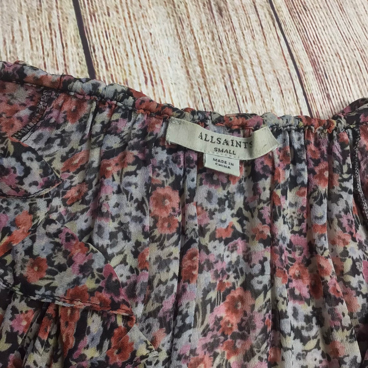 AllSaints Pink & Black Floral Print Blouse Size S