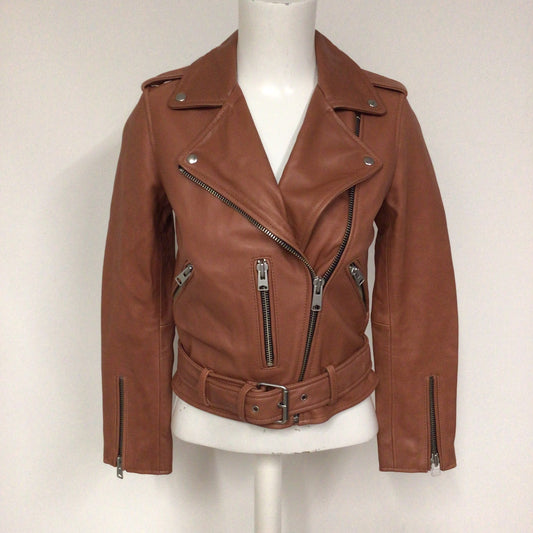 AllSaints Salmon Brown Balfern Biker Leather Jacket Size 6 UK