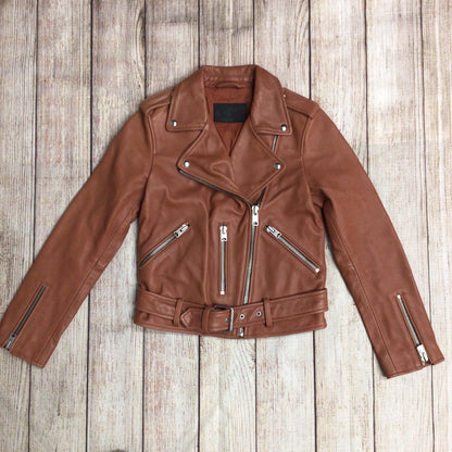 AllSaints Salmon Brown Balfern Biker Leather Jacket Size 6 UK