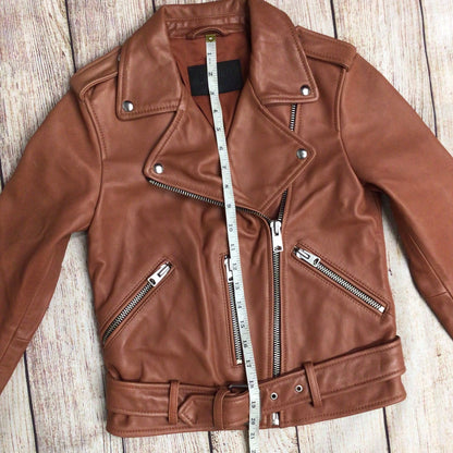 AllSaints Salmon Brown Balfern Biker Leather Jacket Size 6 UK