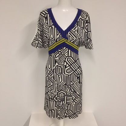 Karen Millen Black & White Print Dress w/Blue, Yellow Size 10