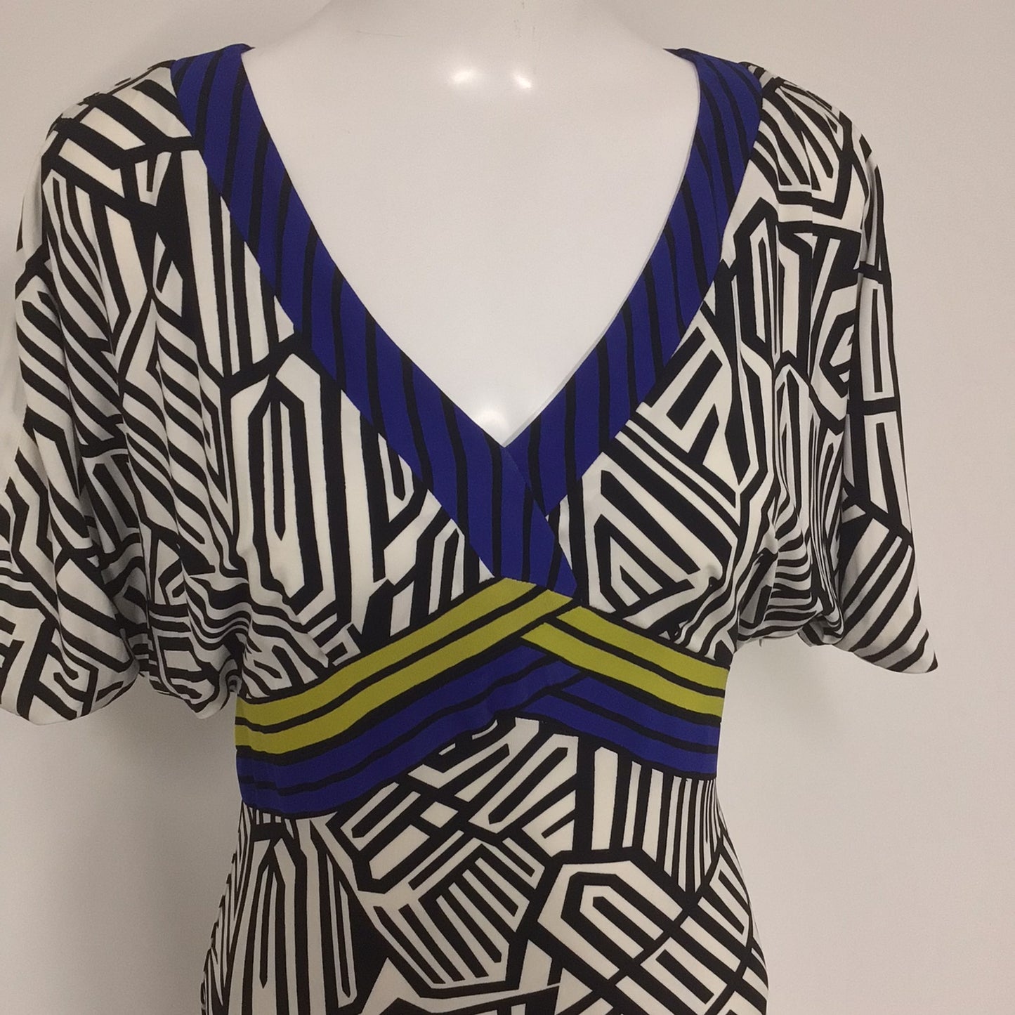 Karen Millen Black & White Print Dress w/Blue, Yellow Size 10