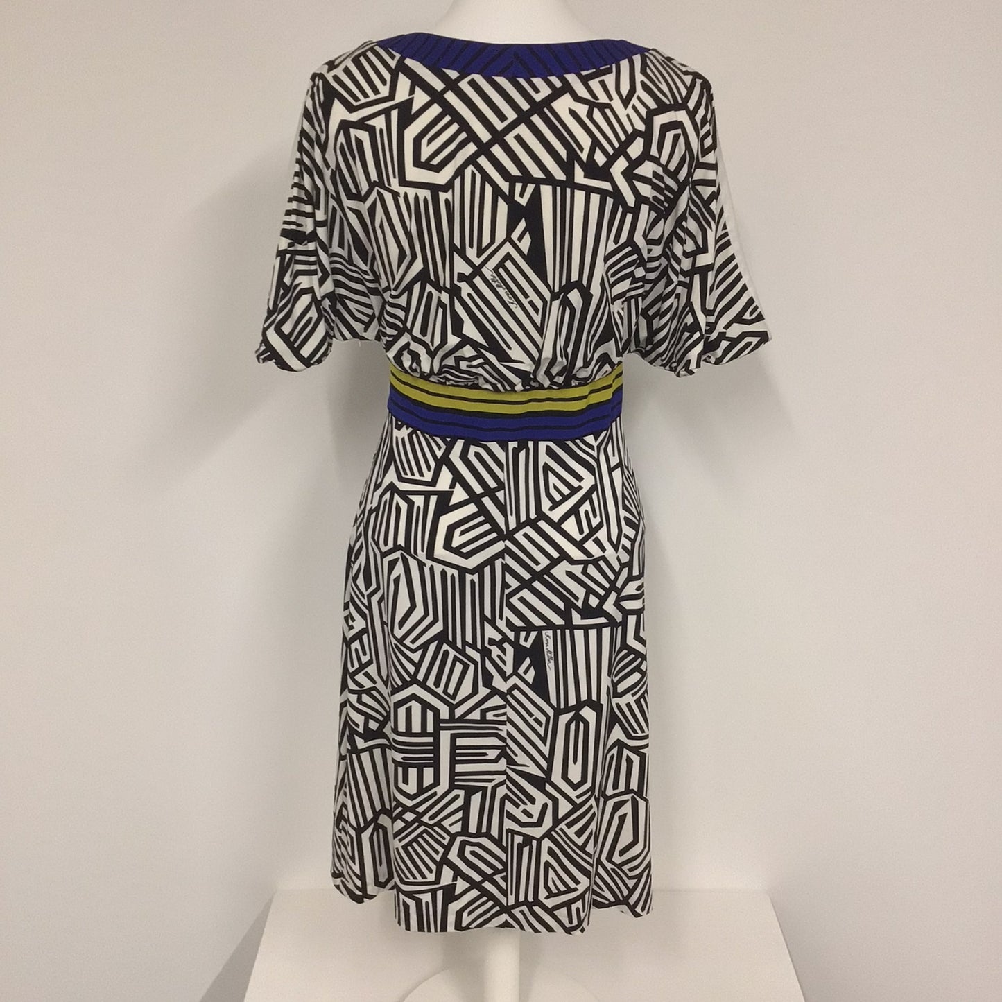 Karen Millen Black & White Print Dress w/Blue, Yellow Size 10