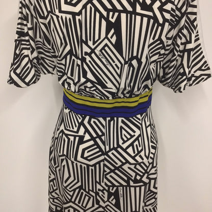 Karen Millen Black & White Print Dress w/Blue, Yellow Size 10