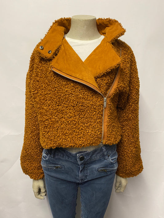 French Connection Brown Teddy Boucle Biker Jacket Medium