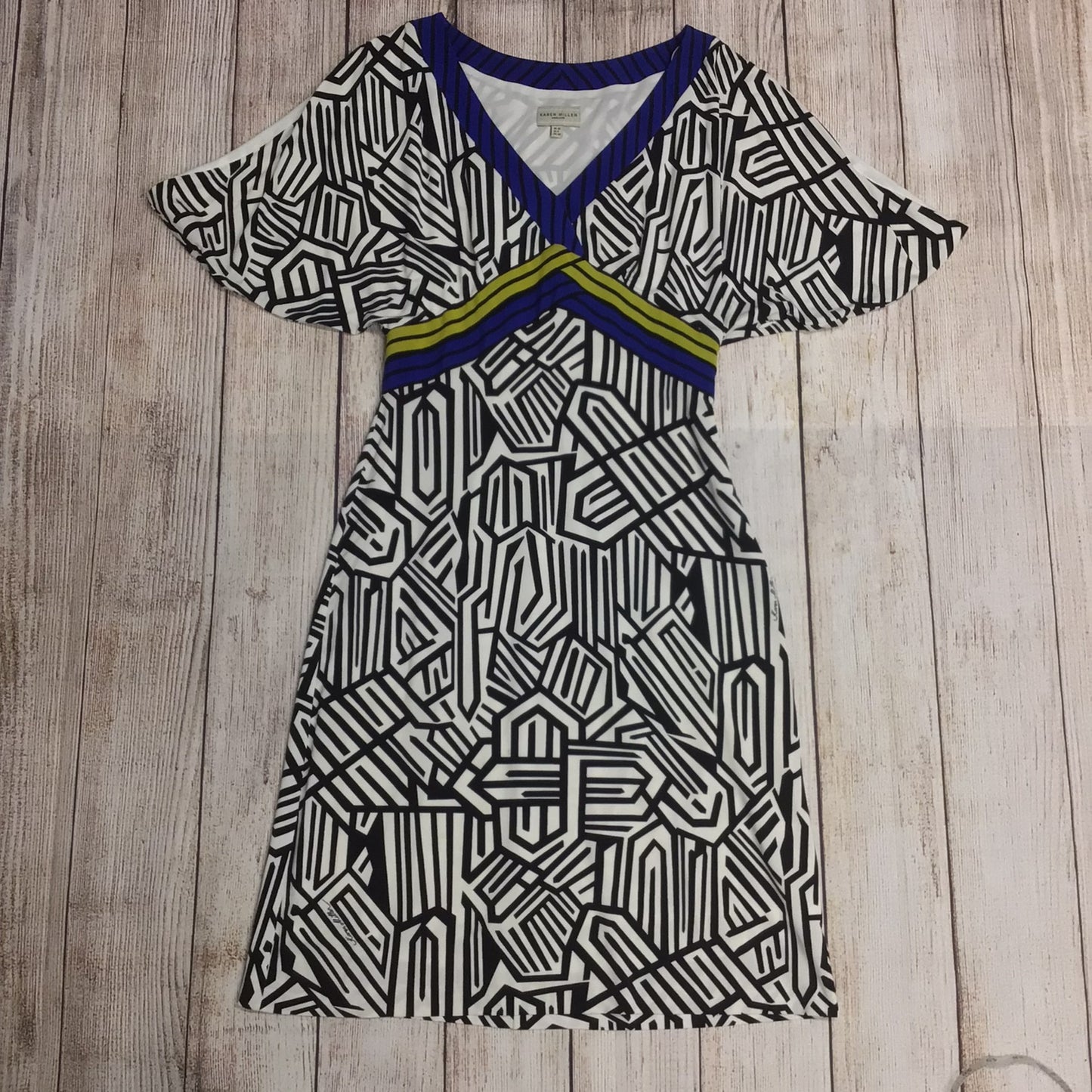 Karen Millen Black & White Print Dress w/Blue, Yellow Size 10