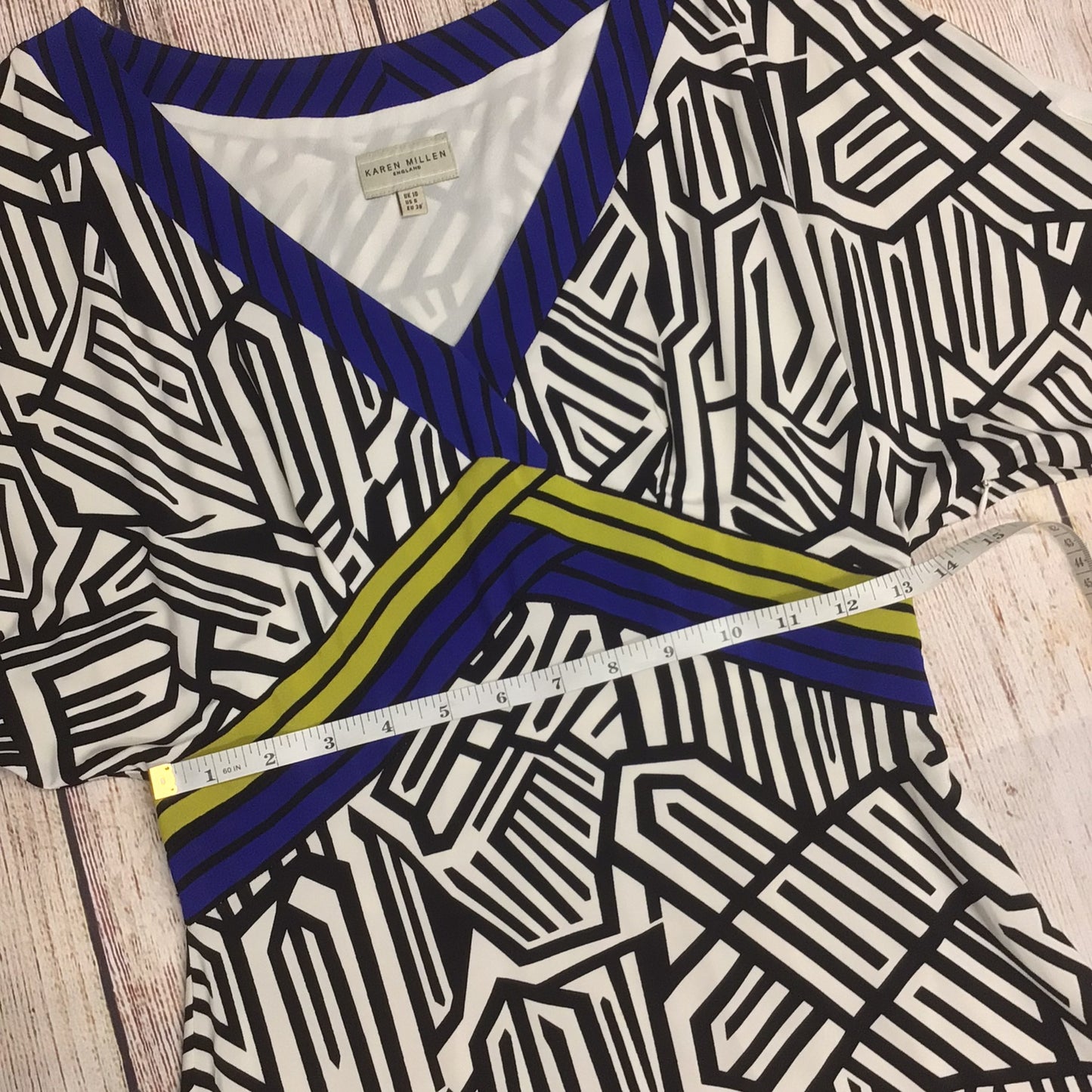 Karen Millen Black & White Print Dress w/Blue, Yellow Size 10