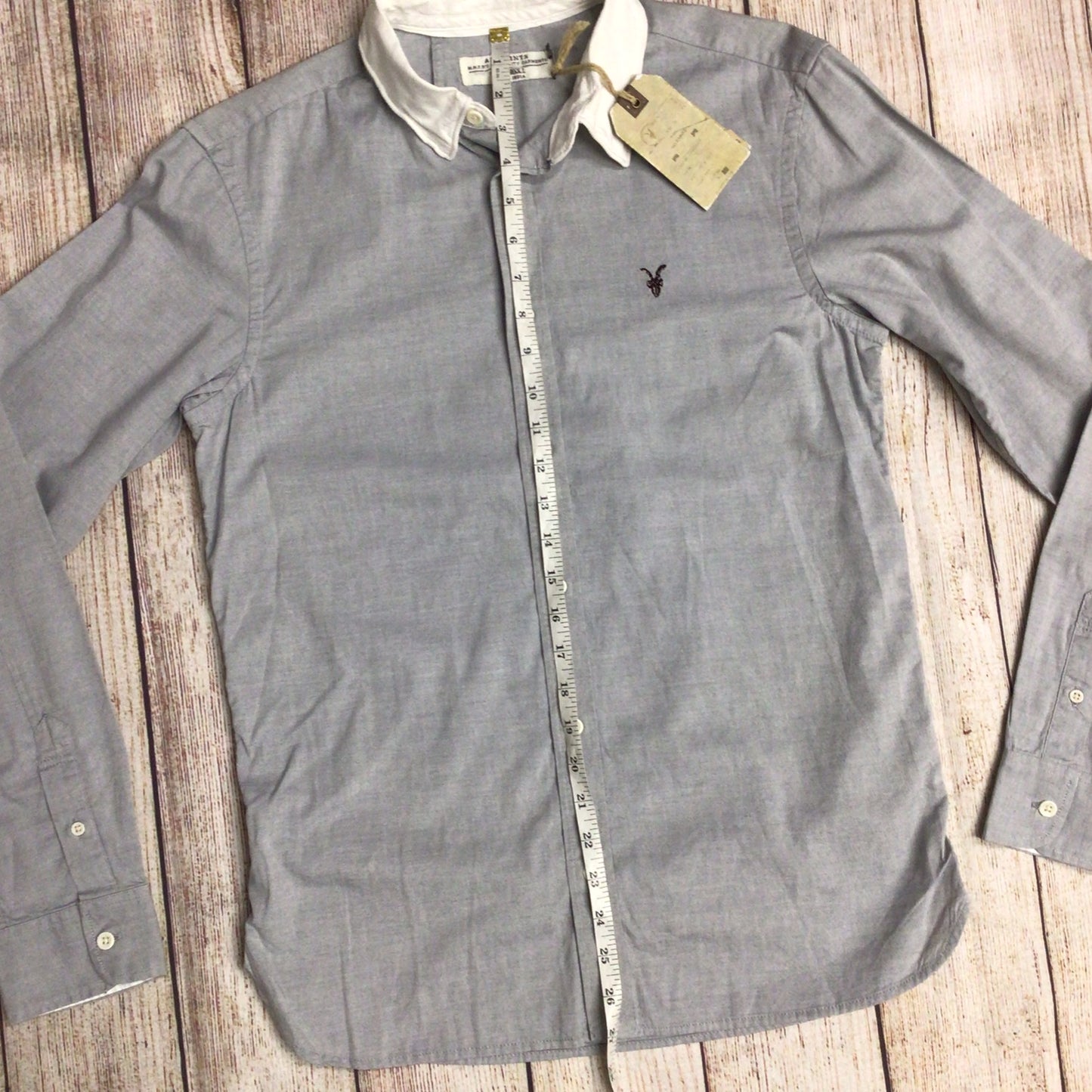 BNWT AllSaints Light Grey & White Danzig Long Sleeve Shirt w/Wire Collar Size S