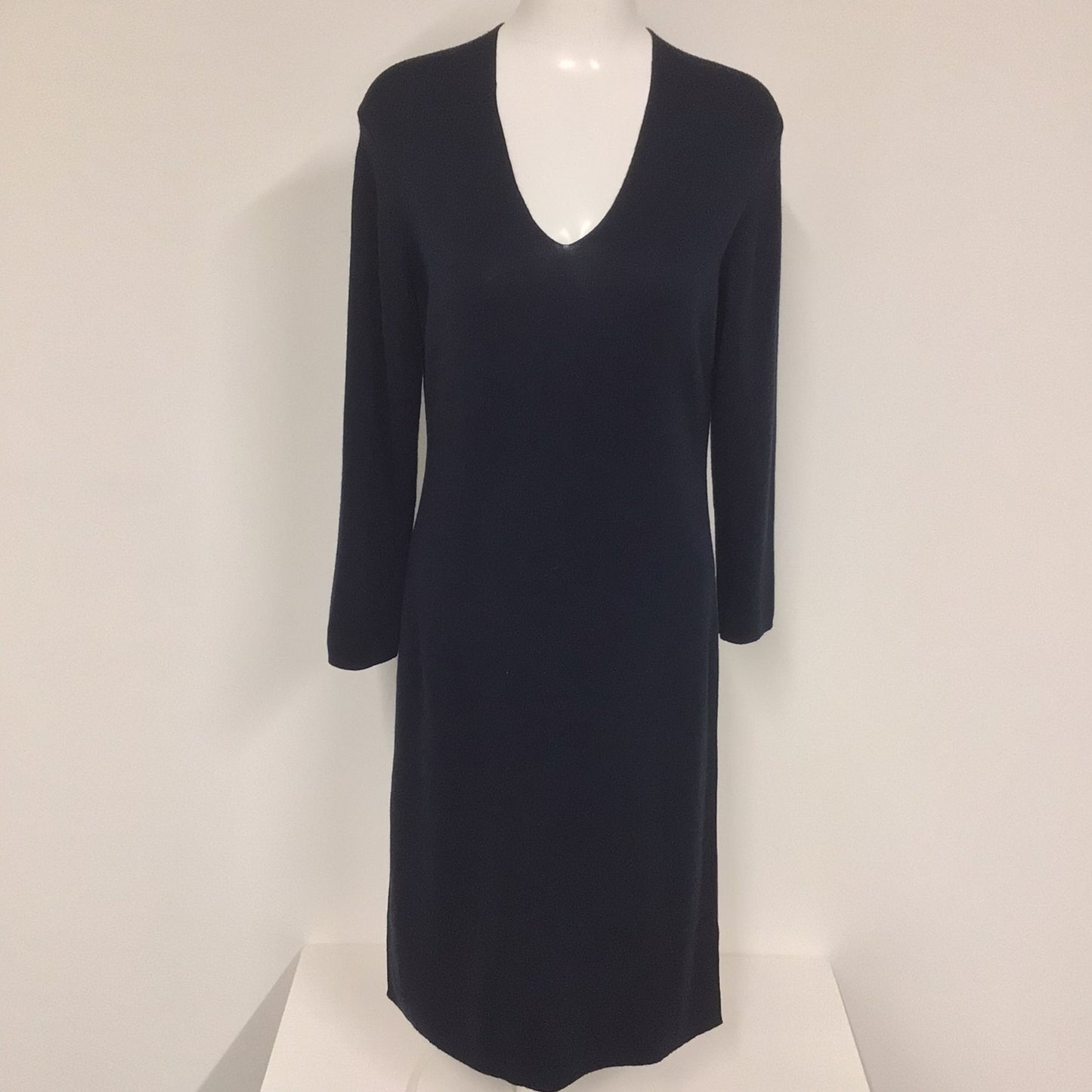 Jaeger Navy Blue Knitted V Neck Wool Blend Dress Size M