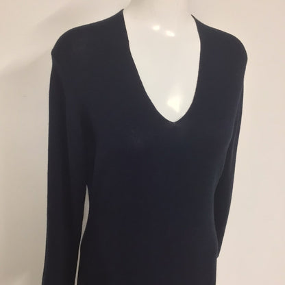 Jaeger Navy Blue Knitted V Neck Wool Blend Dress Size M