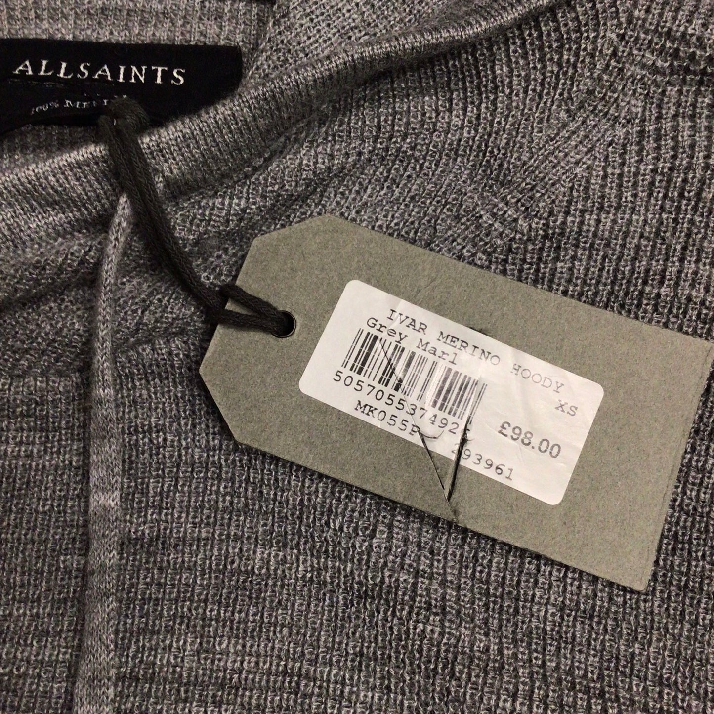 BNWT AllSaints Grey Marl Ivar 100% Merino Wool Hoody Size XS