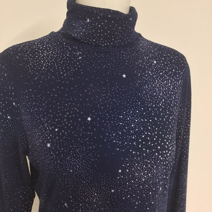 Lands' End Navy Blue Night Sky Print High Neck Top Size M