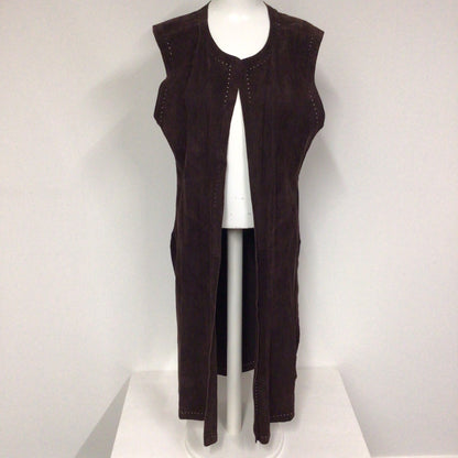 Jean Muir Dark Brown Soft 100% Suede Leather Long Waistcoat Size 16