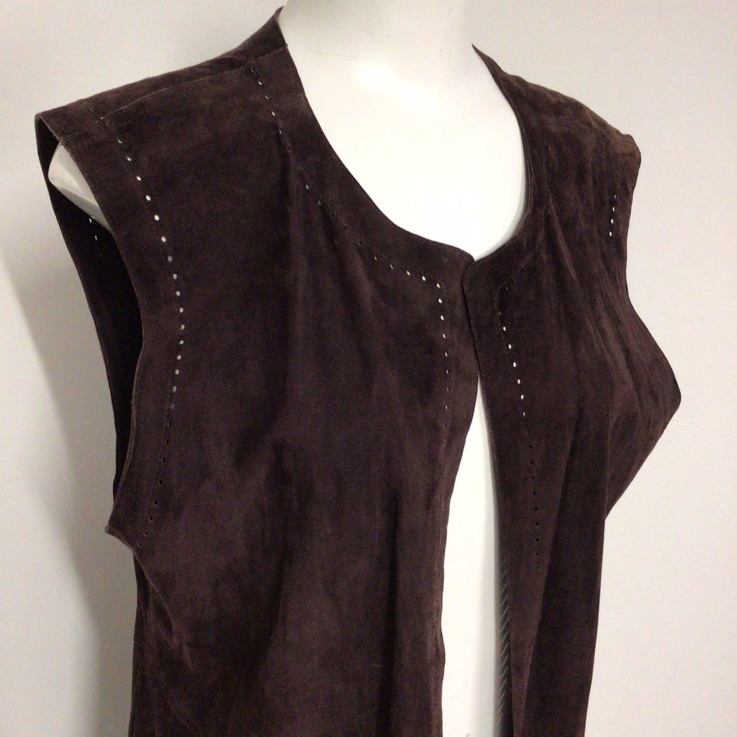 Jean Muir Dark Brown Soft 100% Suede Leather Long Waistcoat Size 16