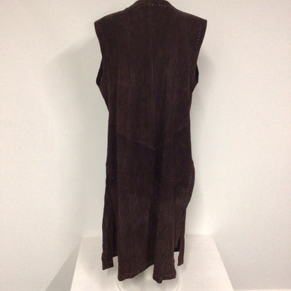 Jean Muir Dark Brown Soft 100% Suede Leather Long Waistcoat Size 16