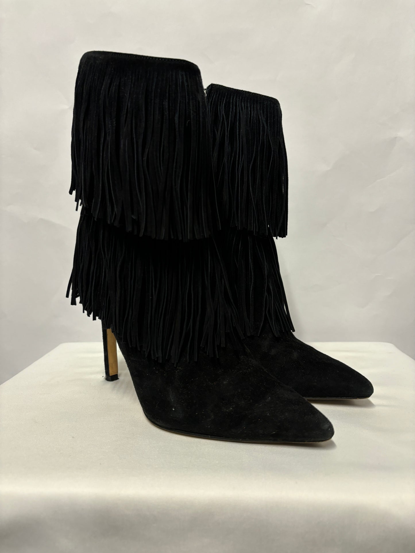 Sam Edelman Black Suede Belinda Fringe Heel Boots 7