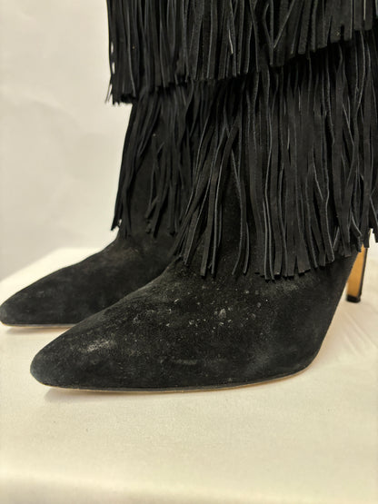 Sam Edelman Black Suede Belinda Fringe Heel Boots 7