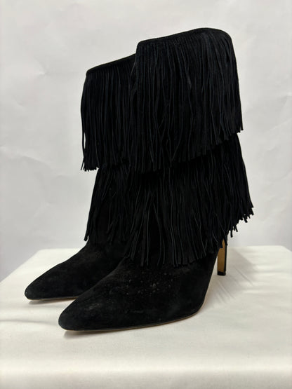 Sam Edelman Black Suede Belinda Fringe Heel Boots 7