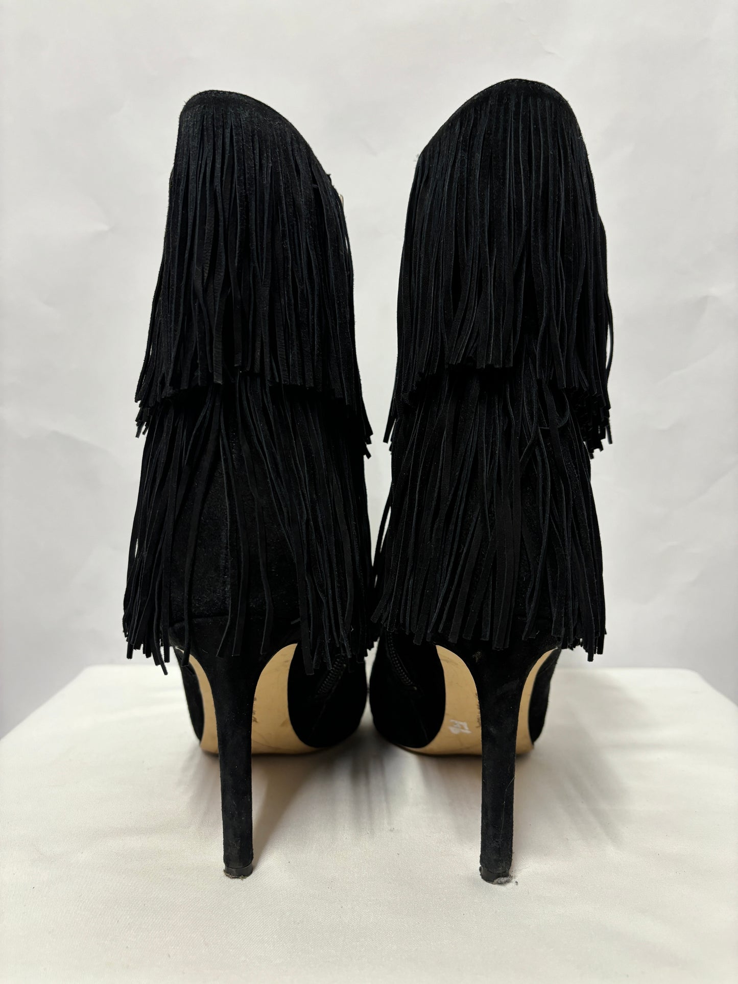 Sam Edelman Black Suede Belinda Fringe Heel Boots 7