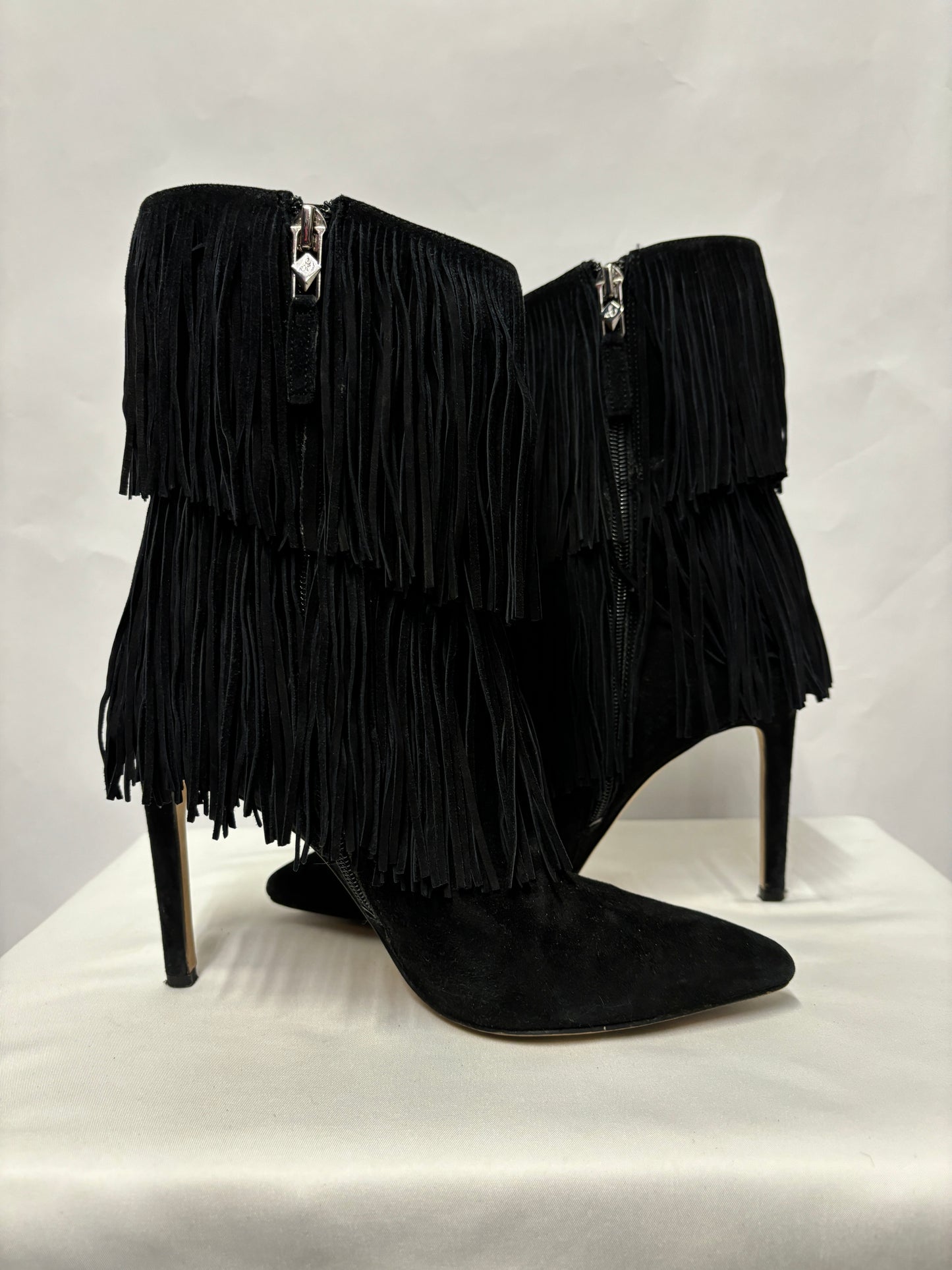 Sam Edelman Black Suede Belinda Fringe Heel Boots 7