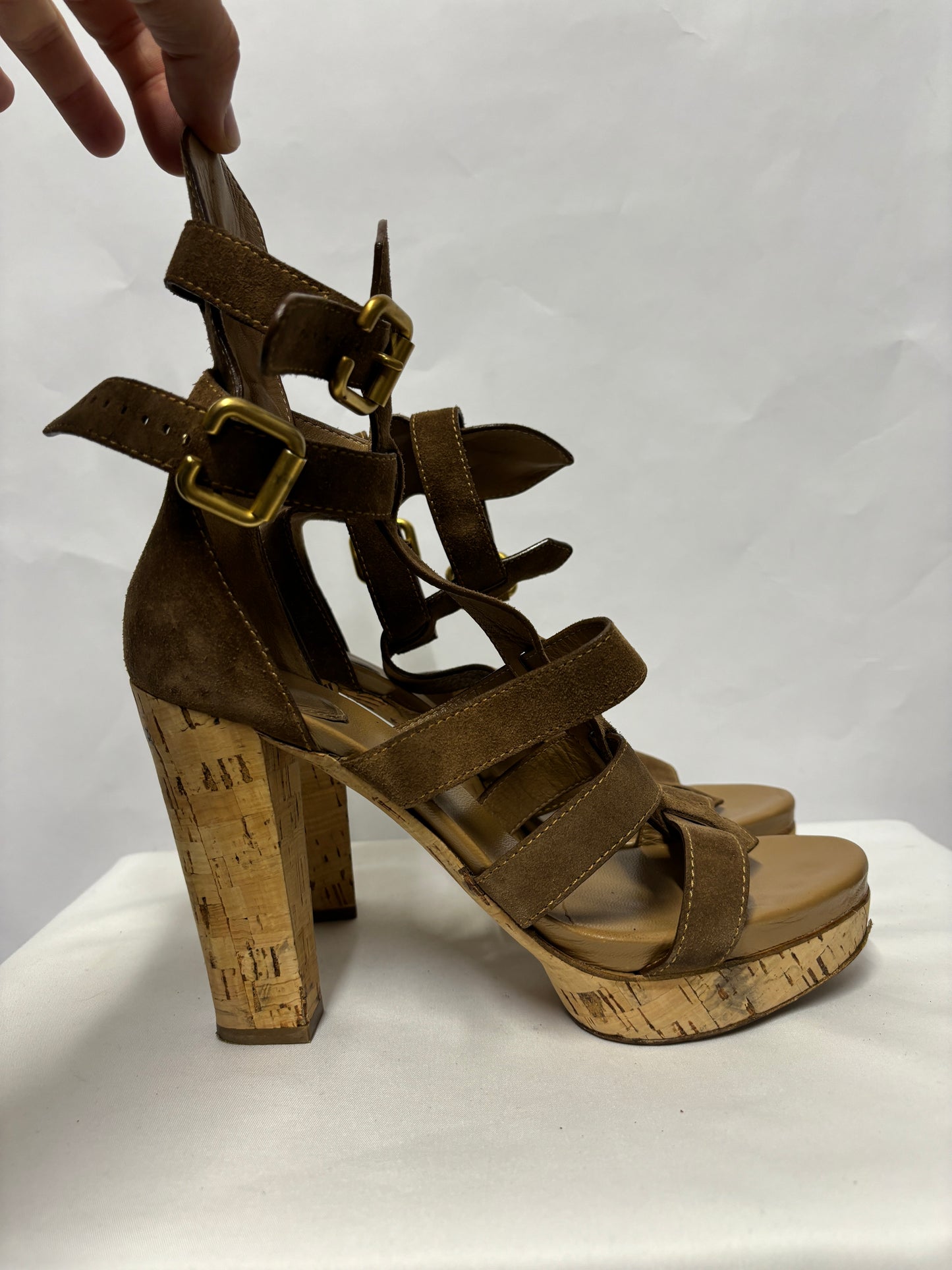 Chloé Brown Suede and Cork Heeled Gladiator Sandals 8