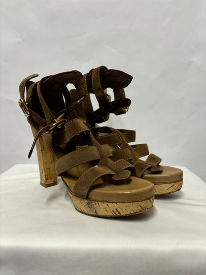 Chloé Brown Suede and Cork Heeled Gladiator Sandals 8