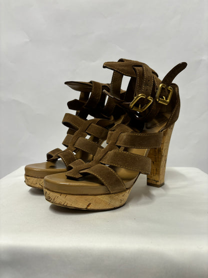 Chloé Brown Suede and Cork Heeled Gladiator Sandals 8