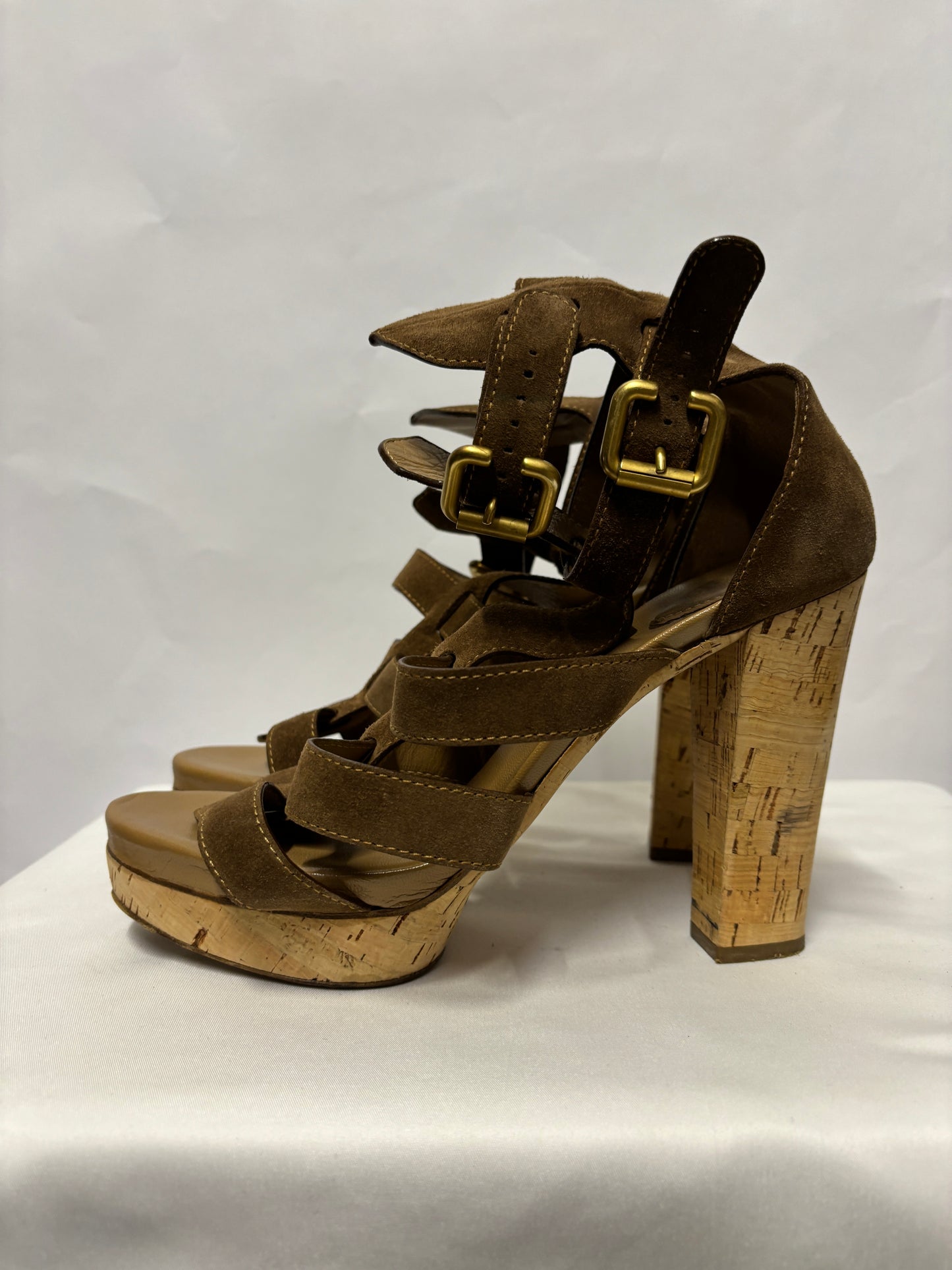 Chloé Brown Suede and Cork Heeled Gladiator Sandals 8