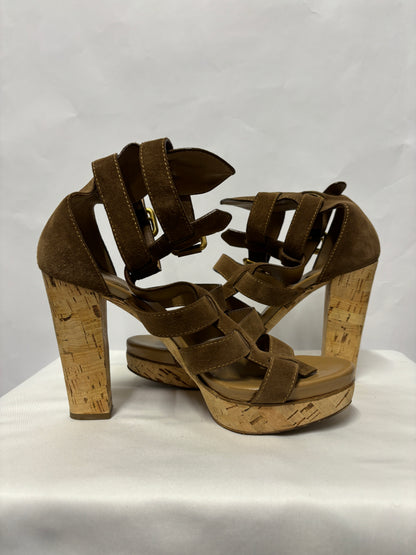 Chloé Brown Suede and Cork Heeled Gladiator Sandals 8