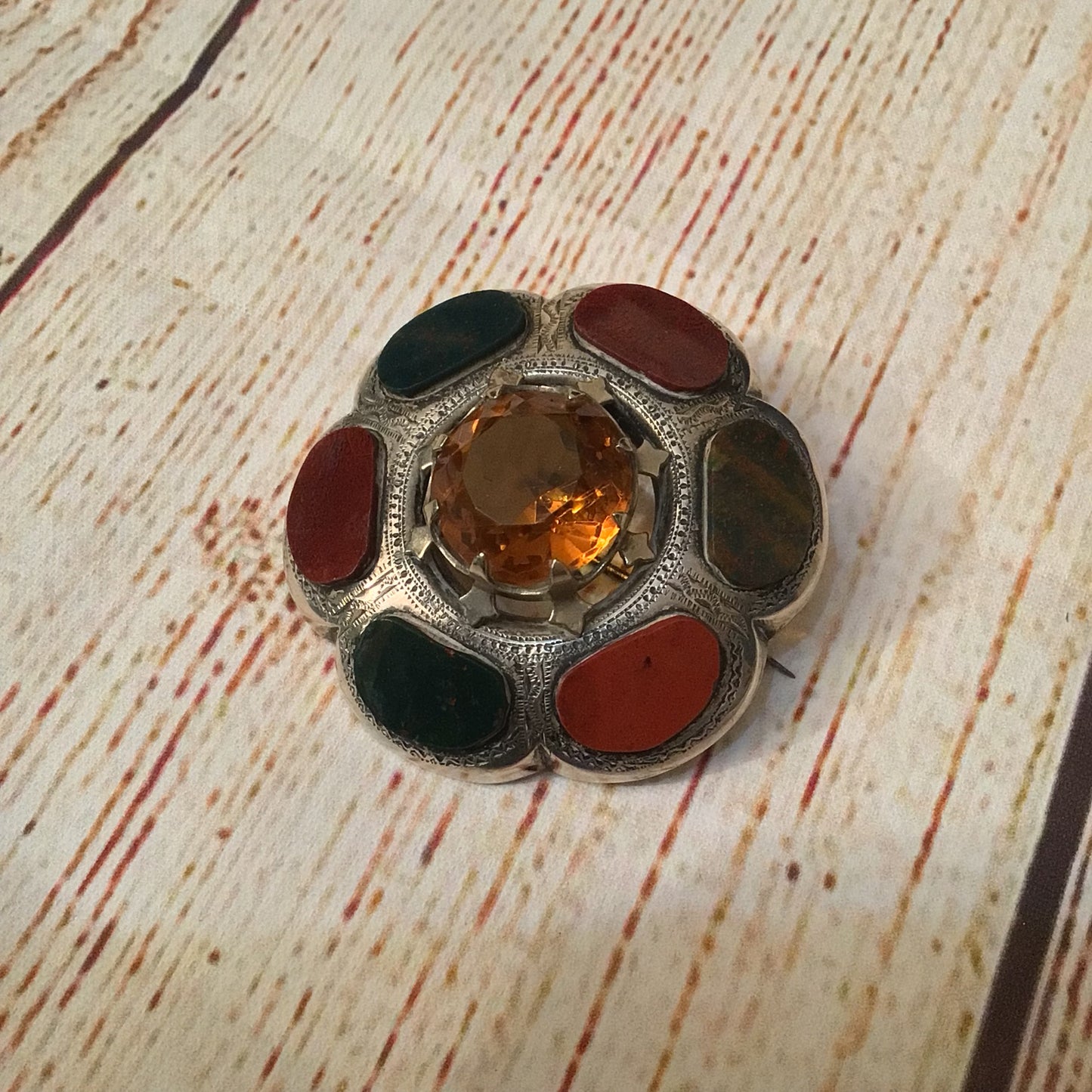 Scottish Victorian Silver Toned Jasper & Bloodstone Cairngorm Brooch