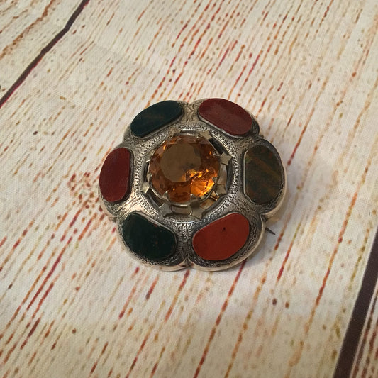 Scottish Victorian Silver Toned Jasper & Bloodstone Cairngorm Brooch