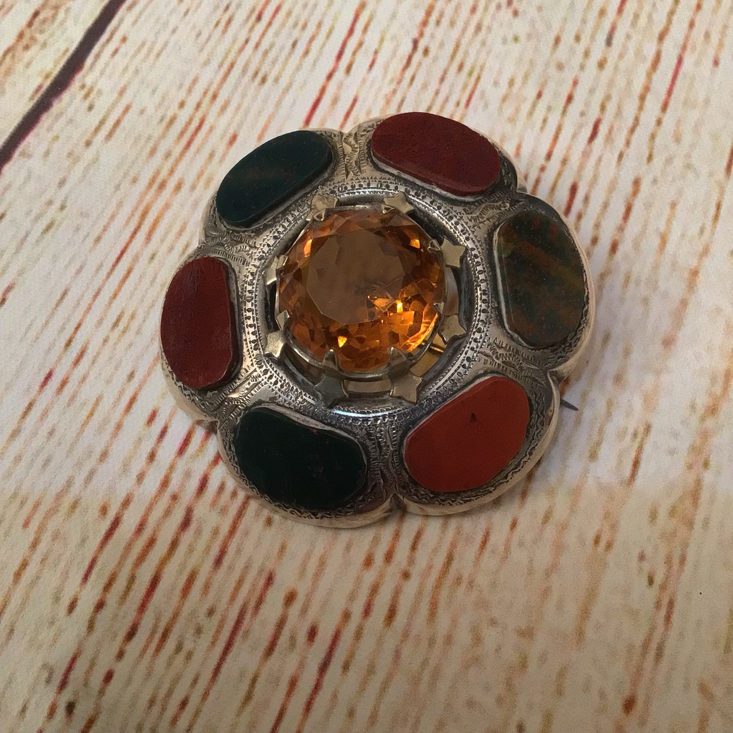 Scottish Victorian Silver Toned Jasper & Bloodstone Cairngorm Brooch