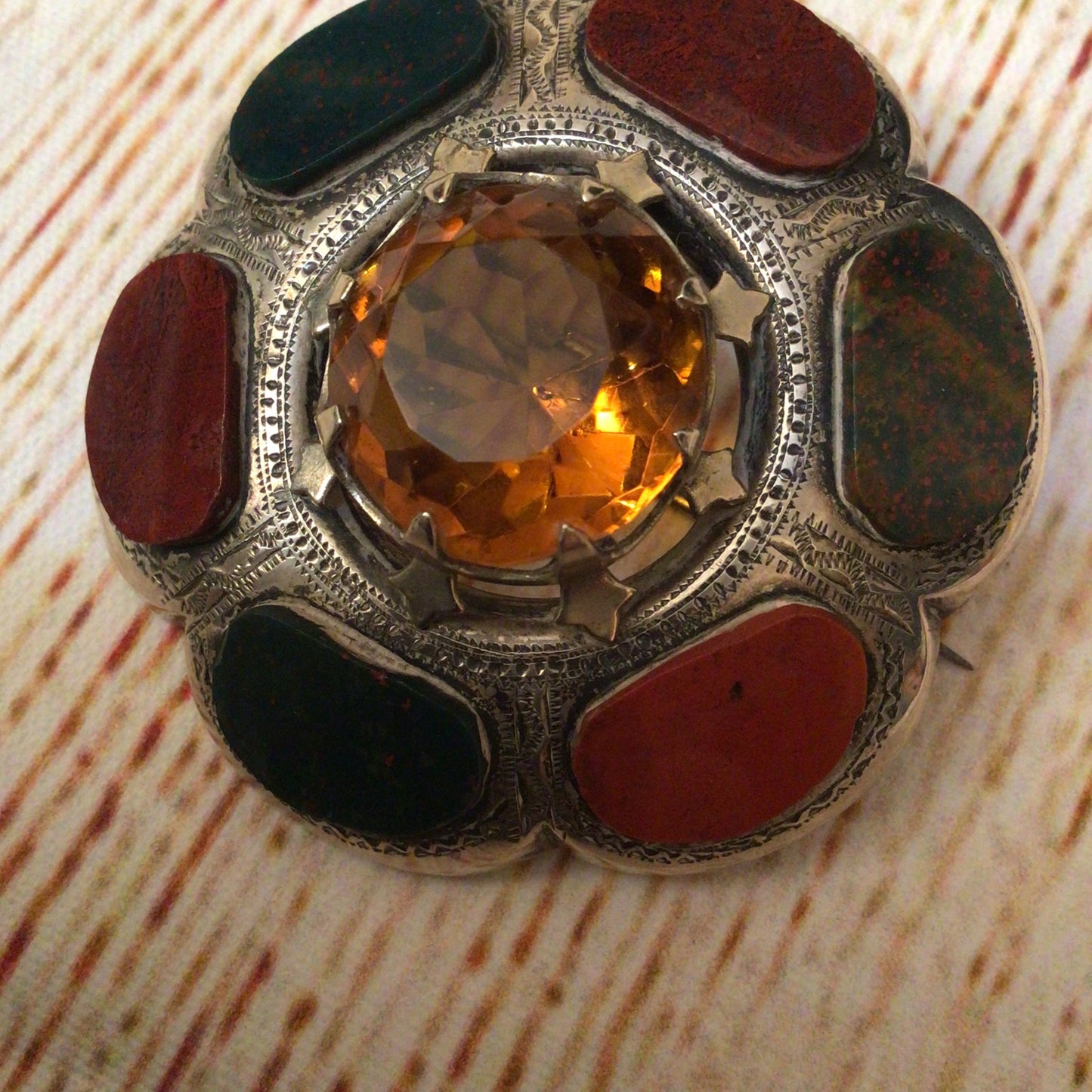 Scottish Victorian Silver Toned Jasper & Bloodstone Cairngorm Brooch