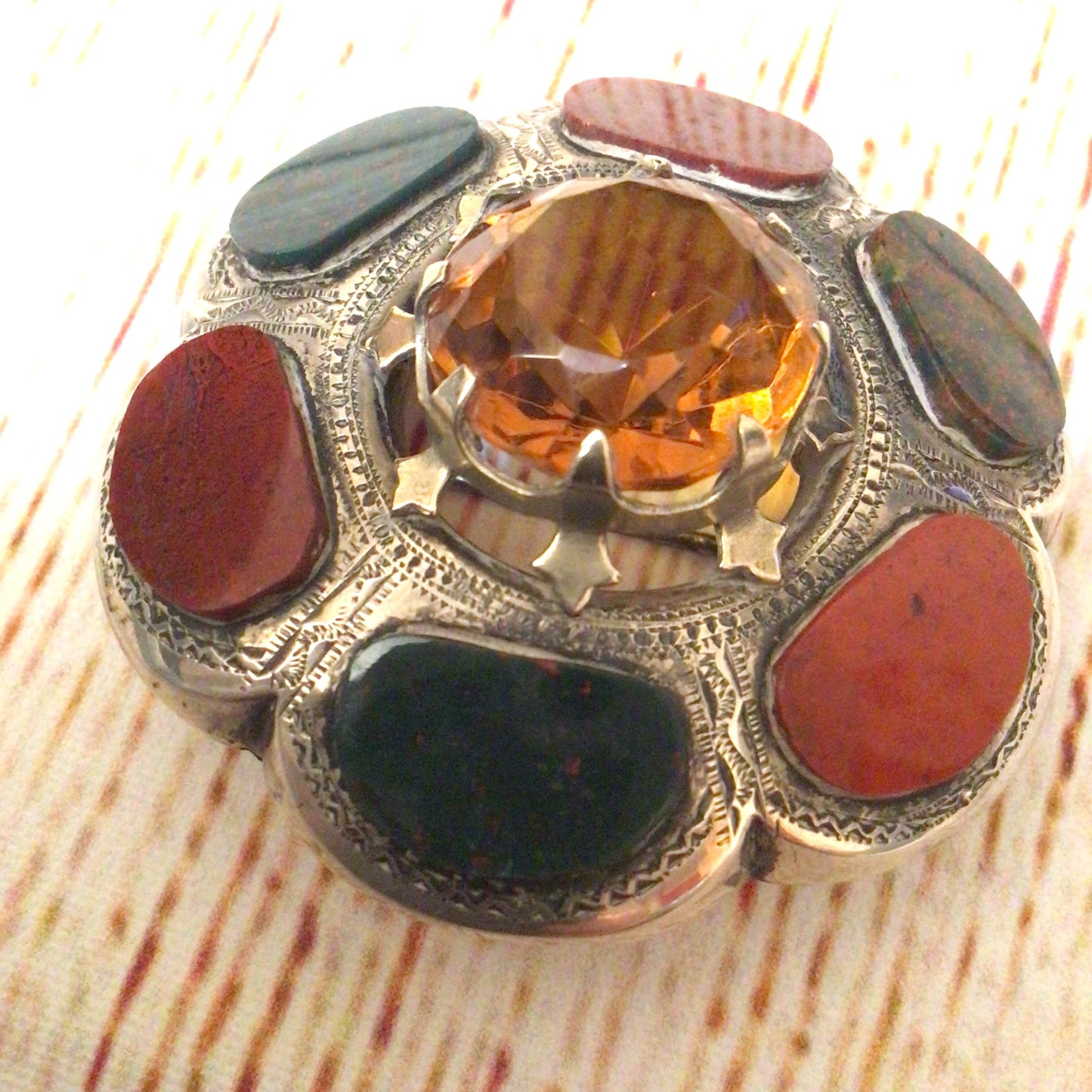 Scottish Victorian Silver Toned Jasper & Bloodstone Cairngorm Brooch