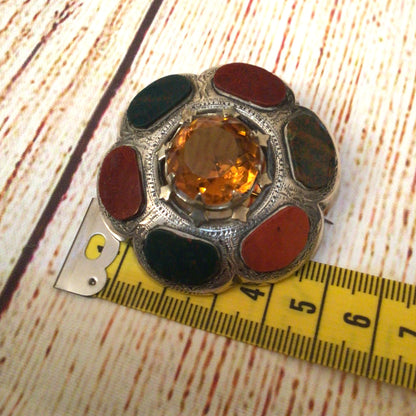 Scottish Victorian Silver Toned Jasper & Bloodstone Cairngorm Brooch