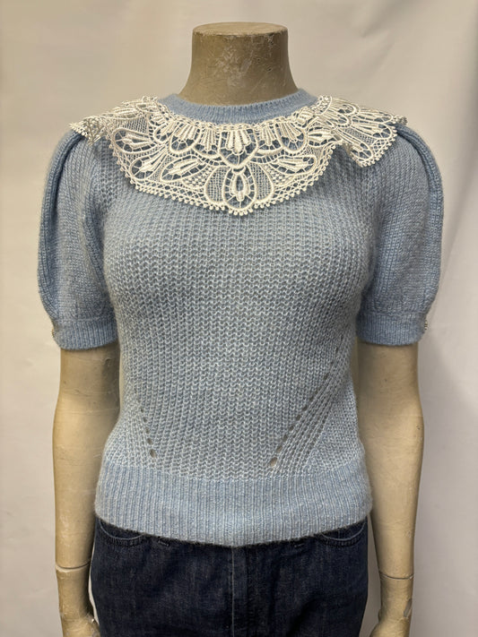 Self Portrait Light Blue Knit Top with Lace Collar Small