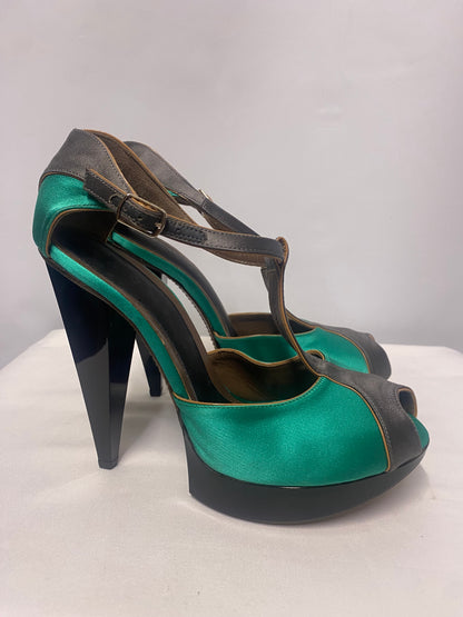 Marni Turquoise Satin Peeptoe Platform Heels 5