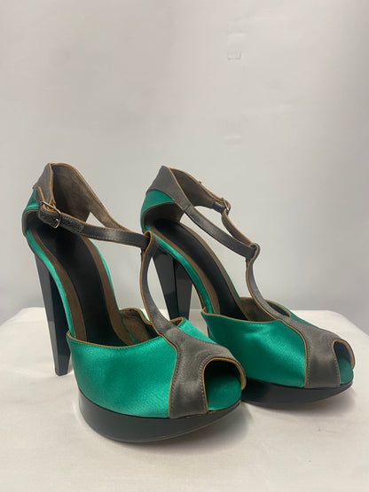 Marni Turquoise Satin Peeptoe Platform Heels 5