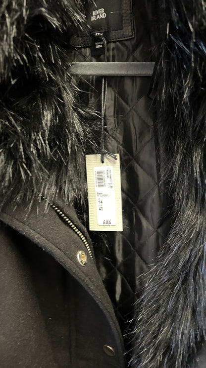 River Island Black coat, fur hood, BNWT 14