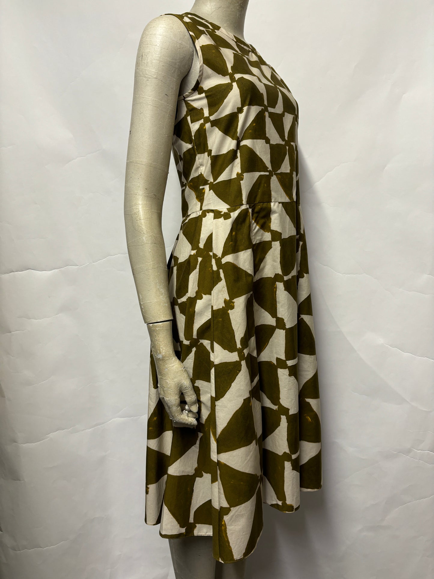 'S Max Mara Green and Beige Abstract Geometric A-line Dress 6