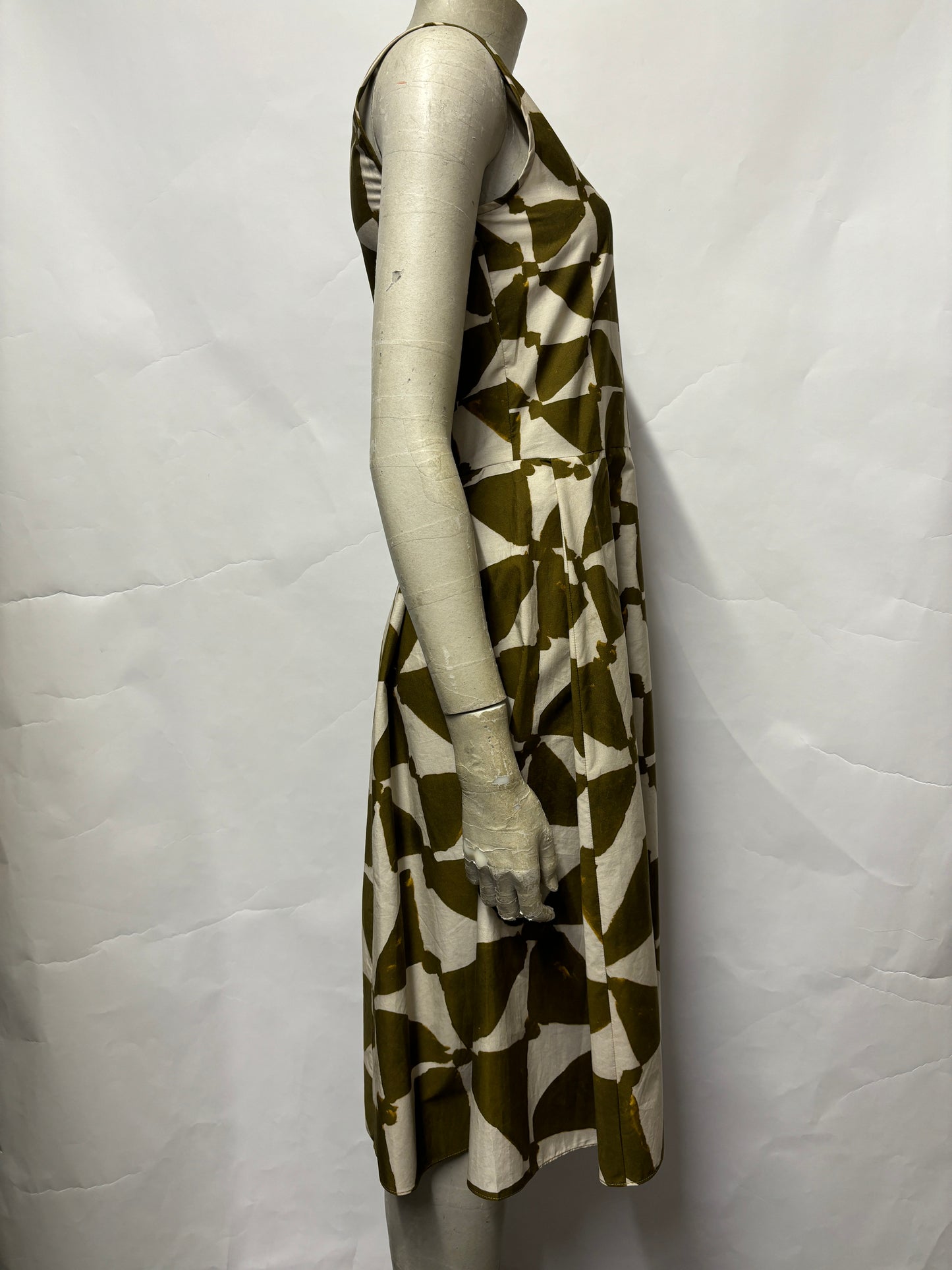 'S Max Mara Green and Beige Abstract Geometric A-line Dress 6