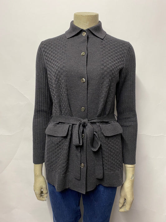 New Yorker Grey Checkered and Ribbed Belted Cardigan Large