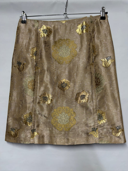 Prada Beige Metallic Floral Print Silk Skirt UK10