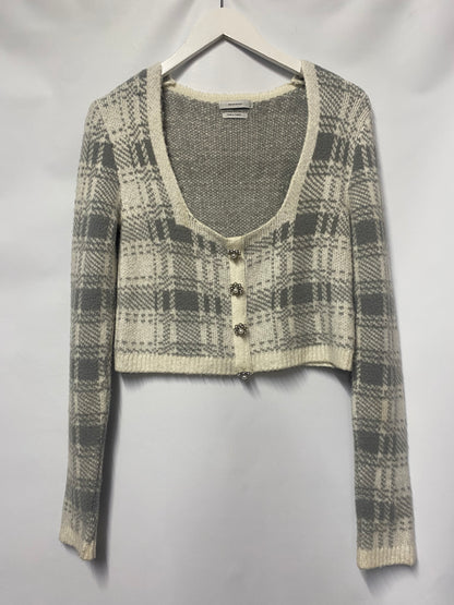 Reserved White and Grey Plaid Knitted Sweater Small