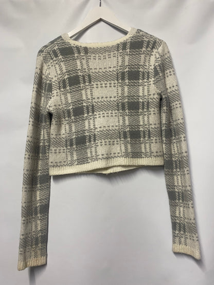 Reserved White and Grey Plaid Knitted Sweater Small