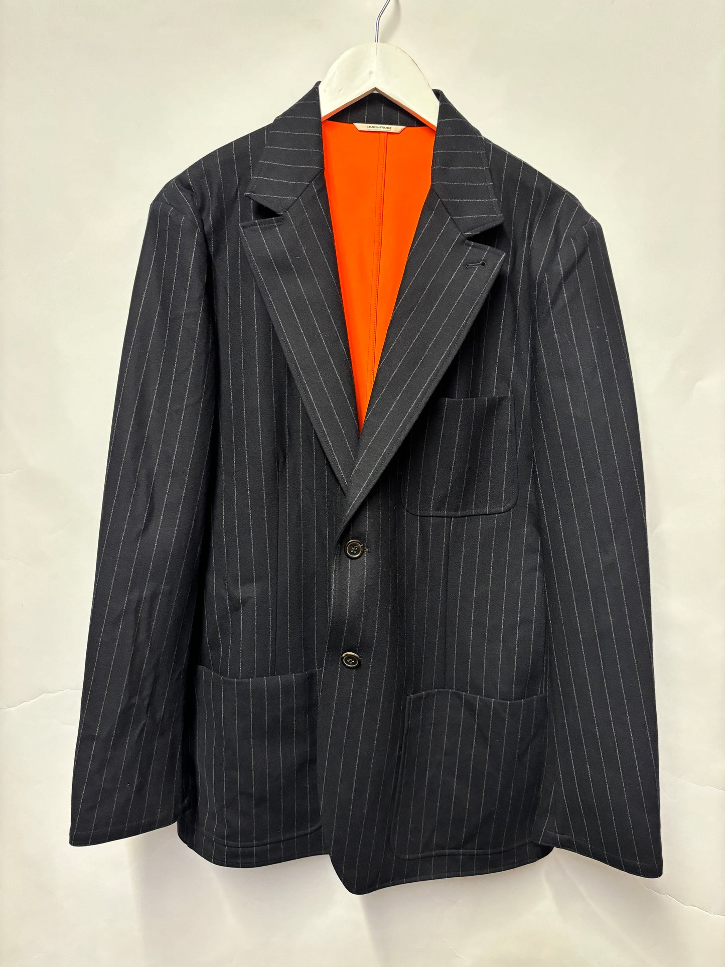 Hermes Navy Wool Pinstripe Blazer with Orange Lining 52