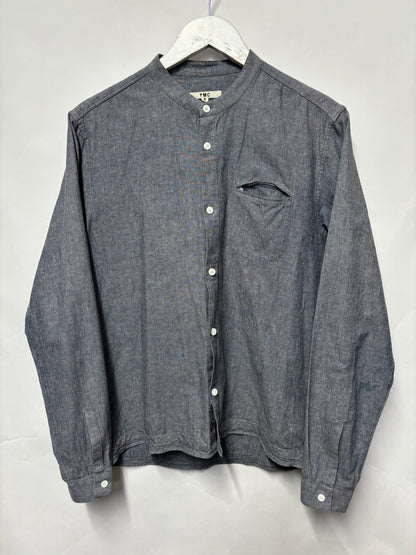 YMC Blue Cotton Grandad Collar Shirt Small