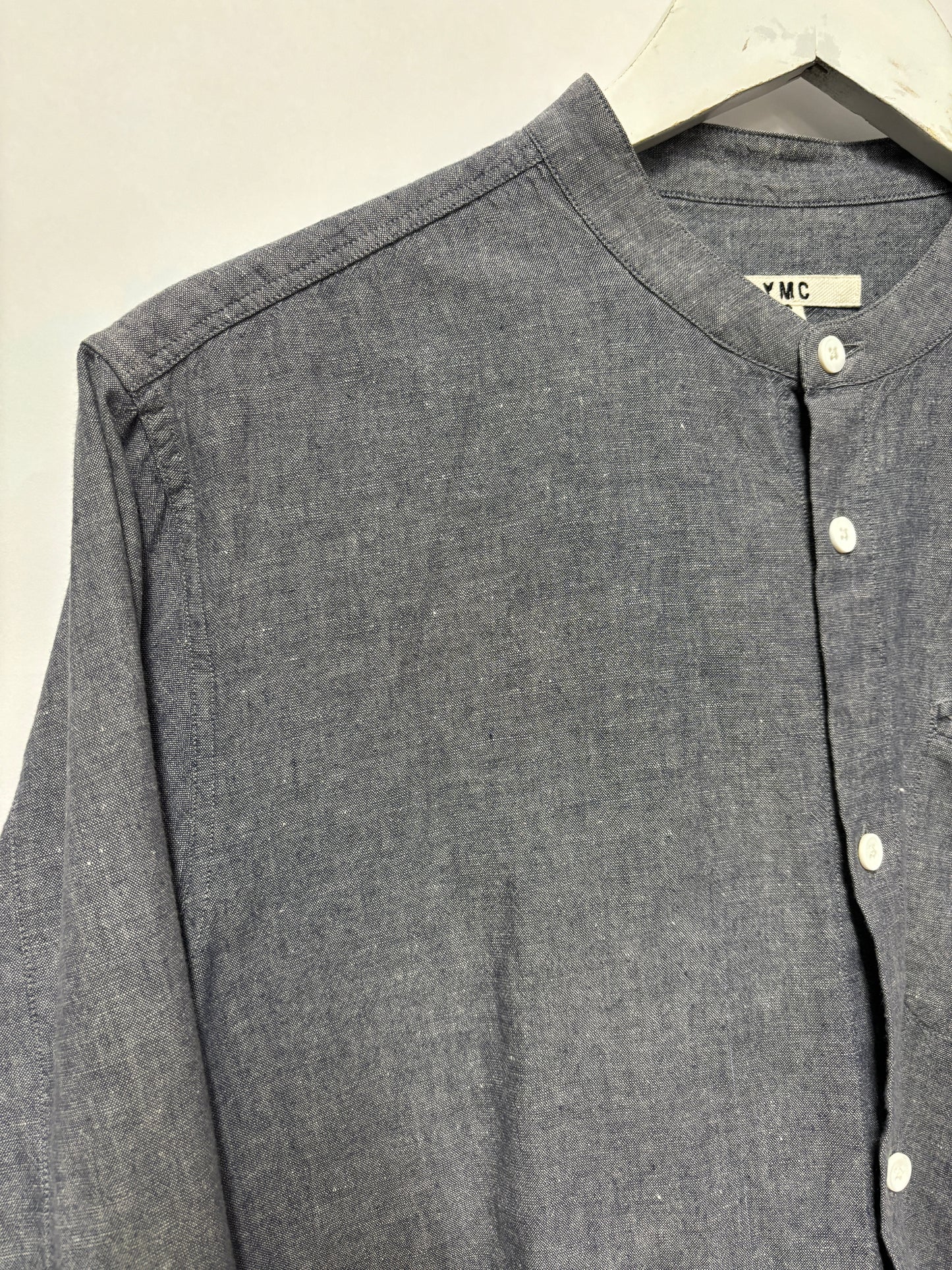 YMC Blue Cotton Grandad Collar Shirt Small