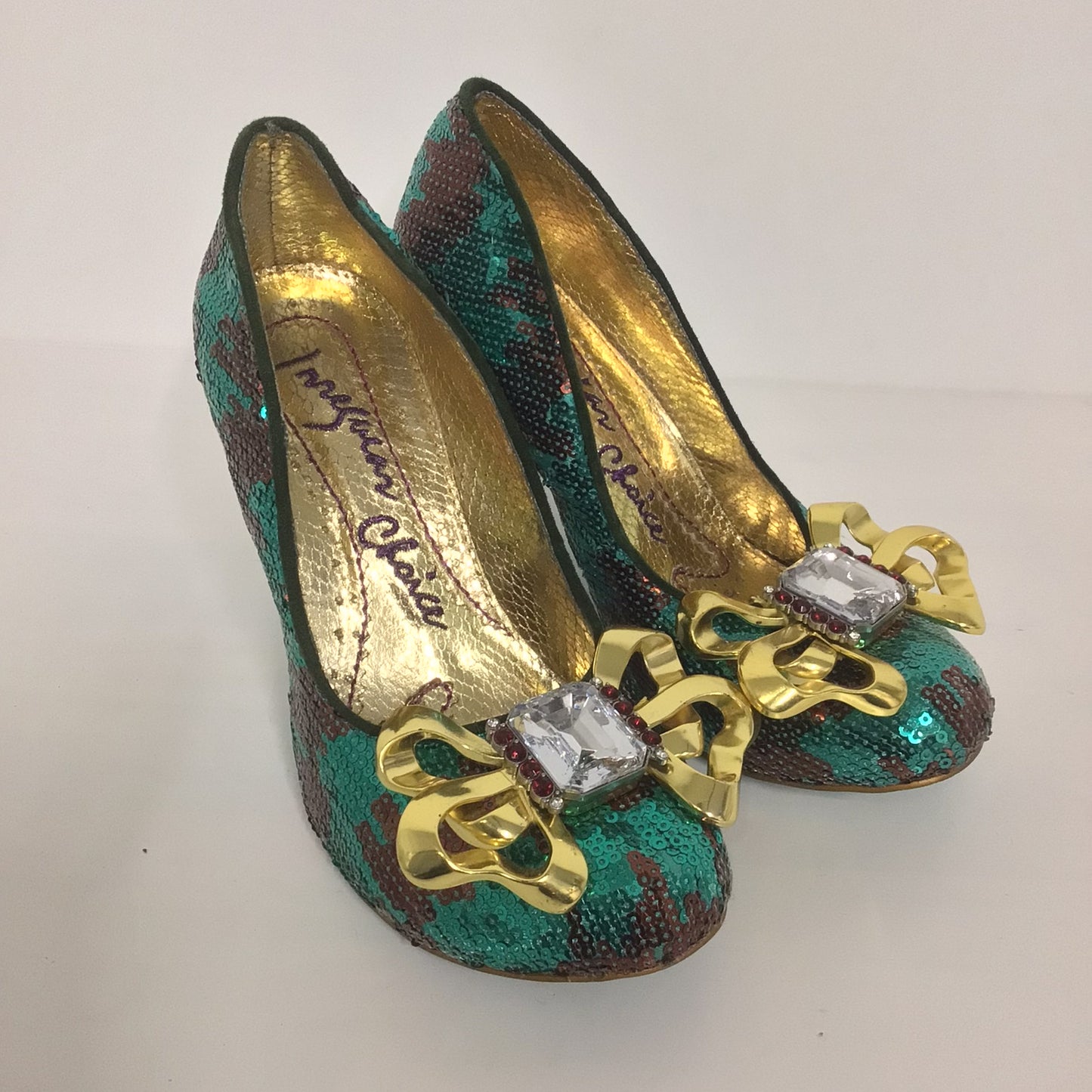 Irregular Choice Green Sequinned Heels w/Diamante Bows Size 6 UK