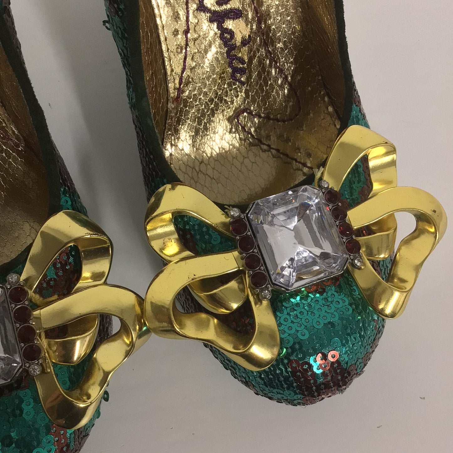 Irregular Choice Green Sequinned Heels w/Diamante Bows Size 6 UK